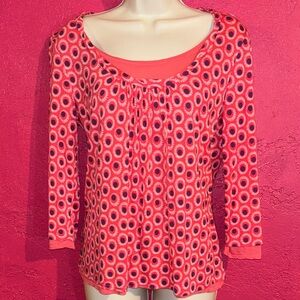 Boden coral pink & purple polka dot 3/4 sleeve knit double layer top. Sz 6